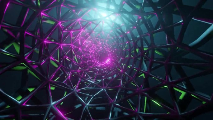 网格矩阵:穿越以网格状图案编织的铁轮廓隧道，增强AI, VR, Metaverse，区块链加密货币，