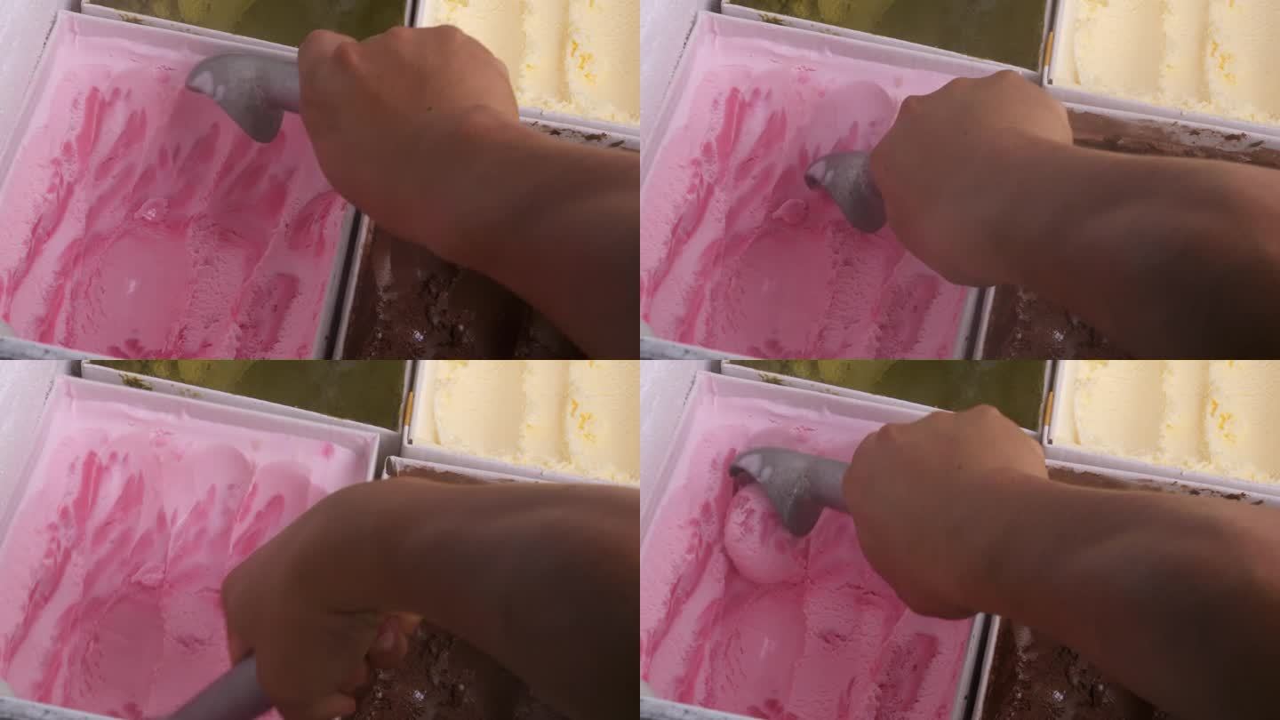 把草莓味的冰淇淋舀进冰淇淋冷冻室。