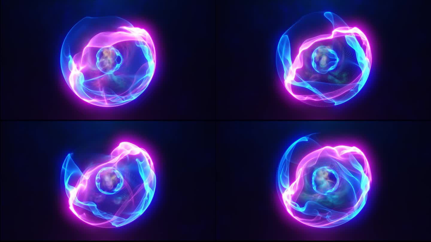 蓝紫色能量球具有发光明亮的粒子，原子具有电子和电的魔力场科学的未来高科技的抽象背景