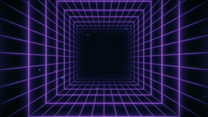 宇宙复古未来80年代的背景4K。合成波线框网插图。摘要数字隧道。八九十年代复古未来主义，复古浪潮网络