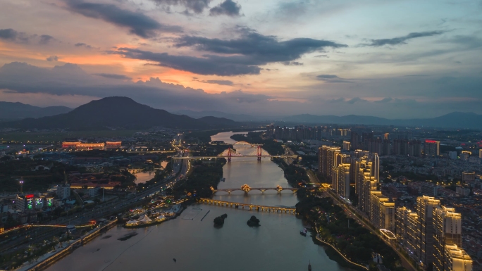 航拍漳州夜景延时漳州日落晚霞