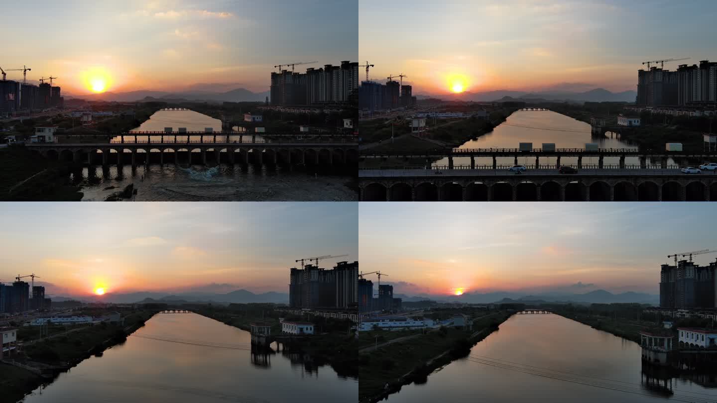 古桥边溪水潺潺 航拍日落运动延时摄影4K