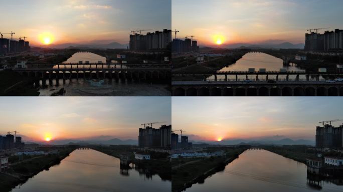 古桥边溪水潺潺 航拍日落运动延时摄影4K