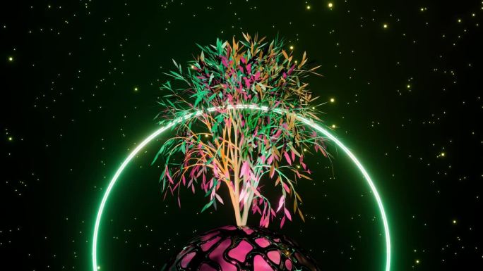 摘要:生命之树的根在地球、行星和圆上。背景上的无缝循环粒子。标志的地方。模板。舞台设计，展示或精神象