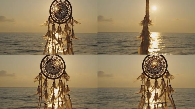 轮廓印度护身符符号。放荡不羁的风格。捕梦网金色圆盘太阳慢动作特写在蓝色的大海天空的背景下，阳光在夏天
