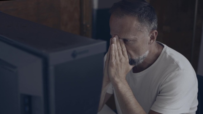 沮丧的男人独自坐在电脑屏幕前。工作倦怠