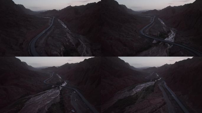 夜景，远景汽车行驶在山间