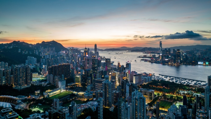 香港维多利亚港日转夜航拍延时