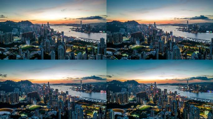 香港维多利亚港日转夜航拍延时