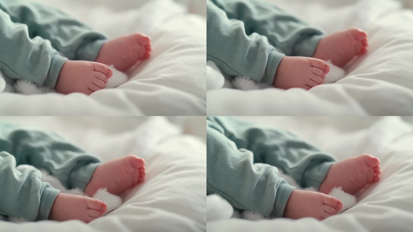 脚，睡眠和婴儿，男孩在床上的特写，在家里平静地成长，休息为熟睡的婴儿。舒适，新生儿的卧室和脚休息或疲