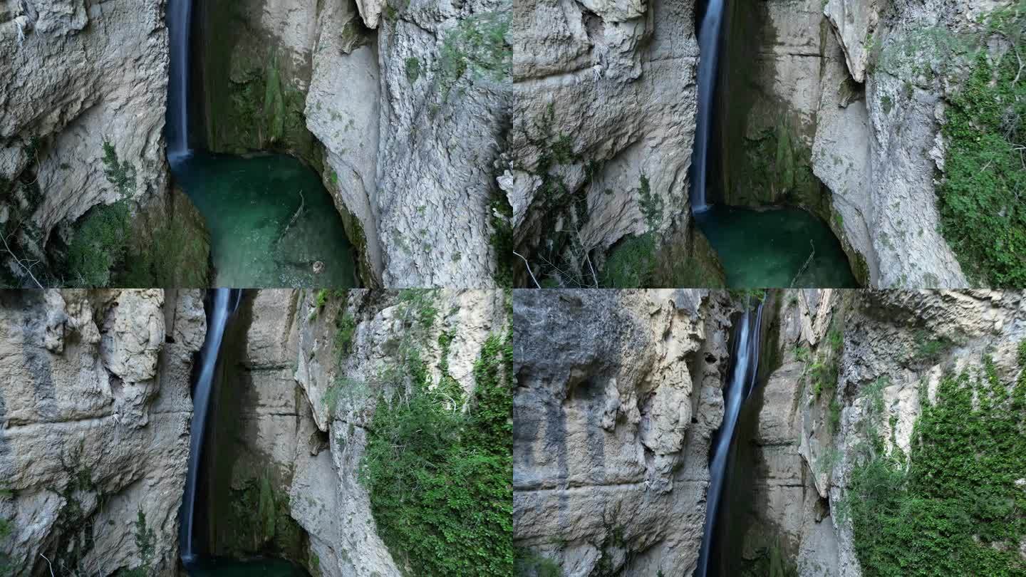 Chute de la Druise瀑布全景鸟瞰图。这是Gervanne河上的一个大瀑布，位于Auv