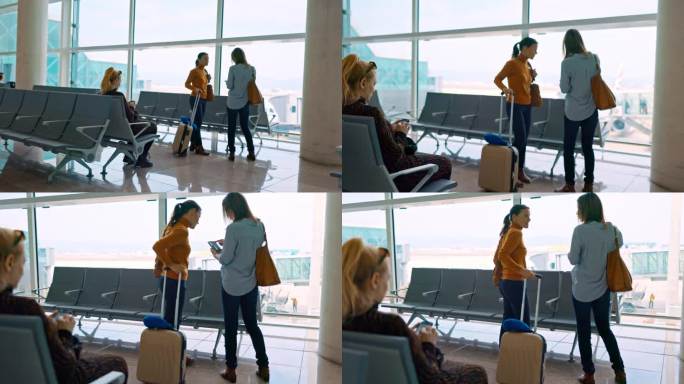 WS两个女性朋友在机场登机口使用智能手机