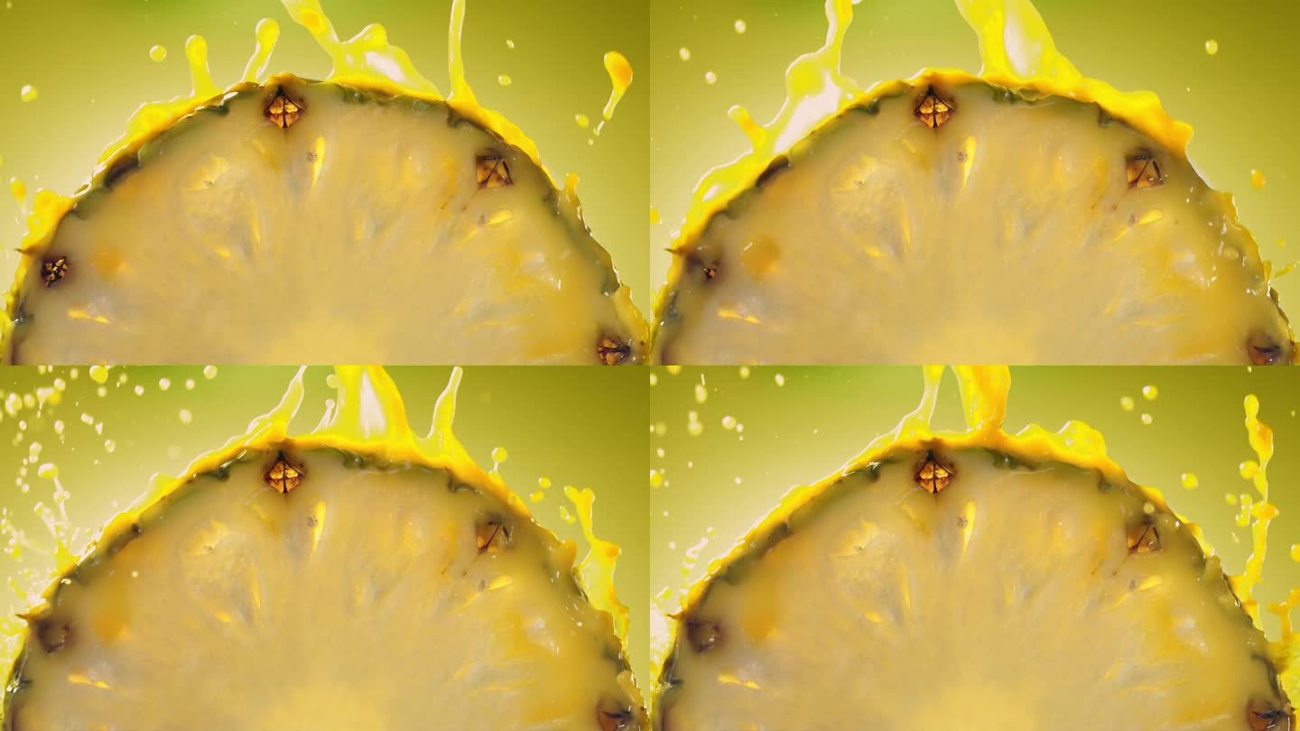 菠萝片里流出的菠萝汁，微距镜头，慢动作
