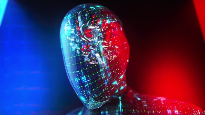 发光突触，一个视觉生成的人工智能类人集成，一个类人机器人的神秘肖像，发光和脉动电路照亮了它的合成思维