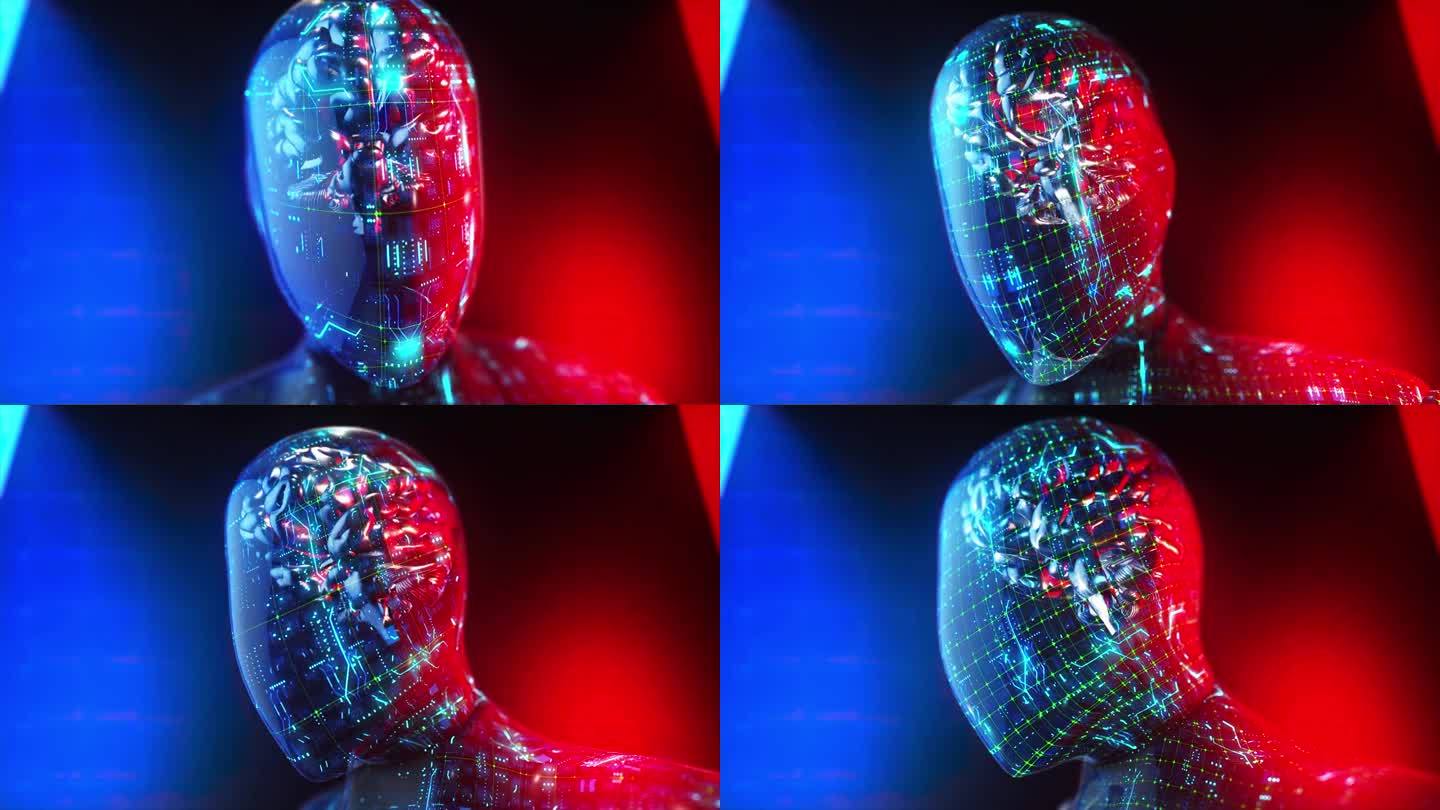 发光突触，一个视觉生成的人工智能类人集成，一个类人机器人的神秘肖像，发光和脉动电路照亮了它的合成思维
