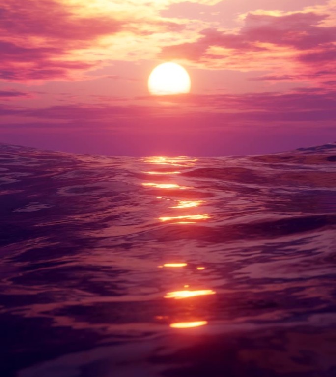 夕阳下波涛汹涌的大海。无缝循环。垂直视频。