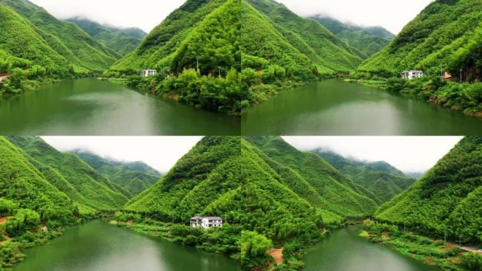 航拍青山绿水，飞近湖面