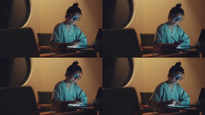 年轻的亚洲女性在家里努力工作。她用笔记本电脑做作业，用平板电脑看讲座。