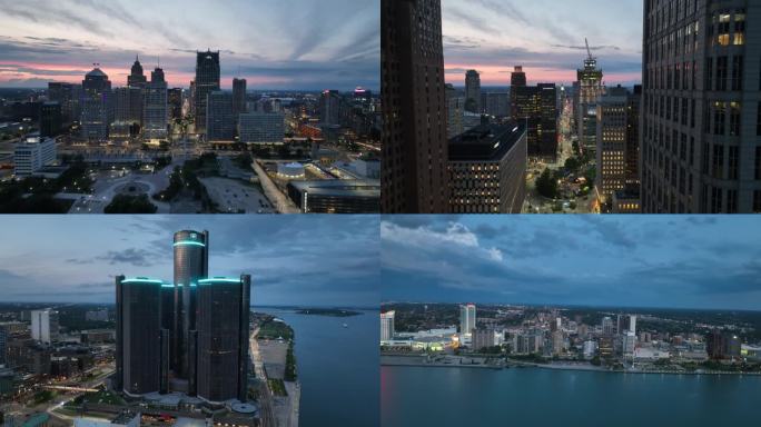 美国汽车之城底特律夜景航拍合集