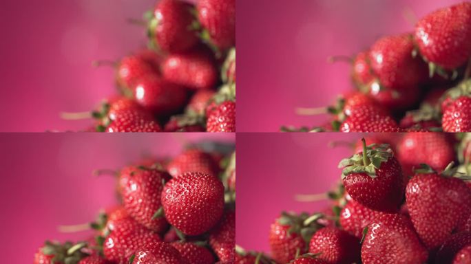 成熟多汁的草莓在许多草莓上面滚动