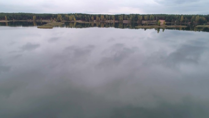 无人机航拍视频人工湖外围镜面纯水清澈池塘，镜面纯水被茂密的绿林包围。概念户外自然。