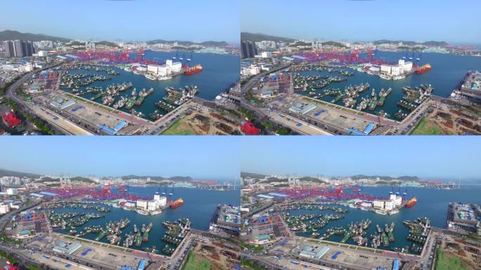 釜山港附近的市中心，油轮，码头，集装箱和船只/釜山，韩国