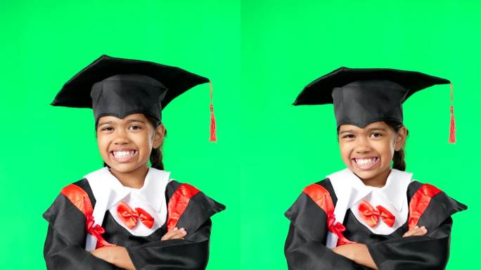 毕业、教育、孩子在毕业、学院奖的绿幕上微笑。小学，学生和幼稚园小女孩的肖像，在工作室的成就和成功