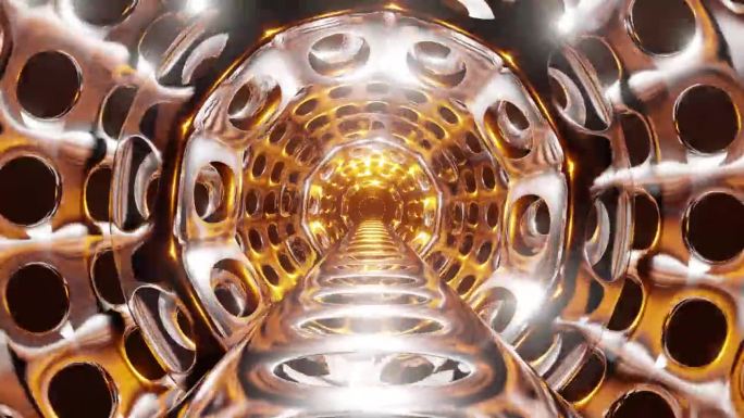 通往未来之路:在隧道中进行宁静的探索，有引导路径和旋转的3D车轮，唤起对梦幻宇宙飞船走廊的敬畏，是人