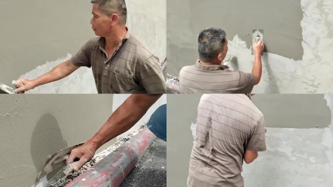 外墙刷灰工人刷水泥灰刮灰刷墙刷外墙刷大白