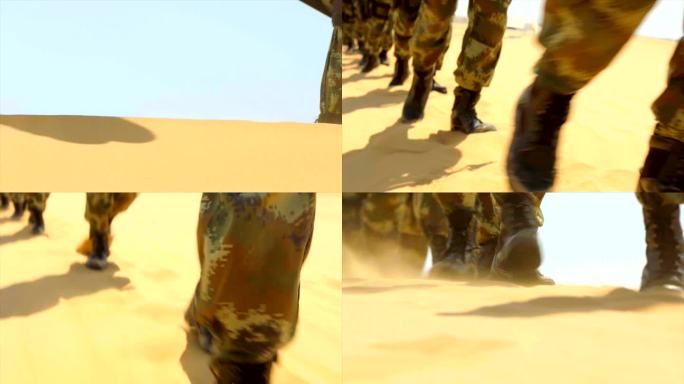 特种兵在沙漠沙地中行走脚步腿部特写