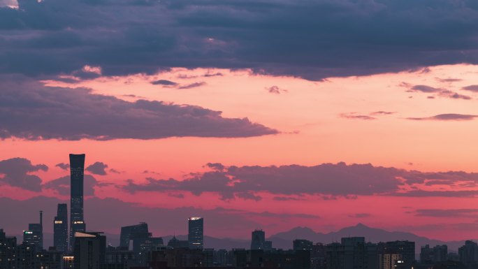 晚霞北京CBD地标建筑全景延时