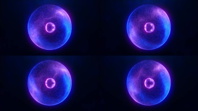 蓝紫色能量球具有发光明亮的粒子，原子具有电子和电的魔力场科学的未来高科技的抽象背景