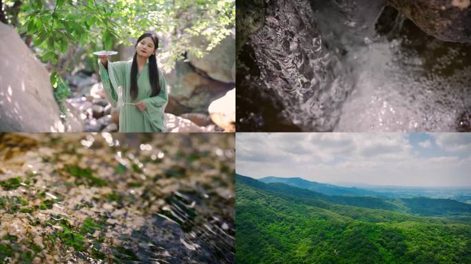 少女在炎炎夏日躲进大山山涧溪流旁避暑4k