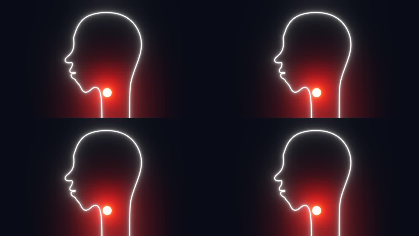喉咙痛的概念。人类头部轮廓与红色发光急性鼻咽痛3d动画4K。扁桃体炎患者有吞咽疼痛、不适、发炎、发热