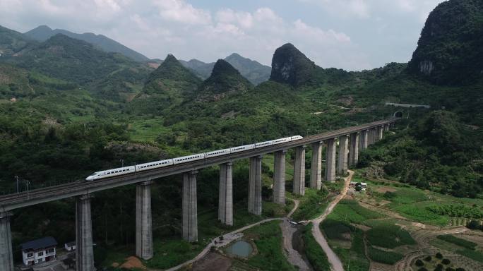 航拍高速动车驶过铁路桥