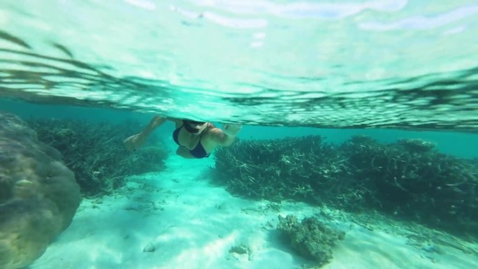 年轻女子在马尔代夫的珊瑚礁上浮潜