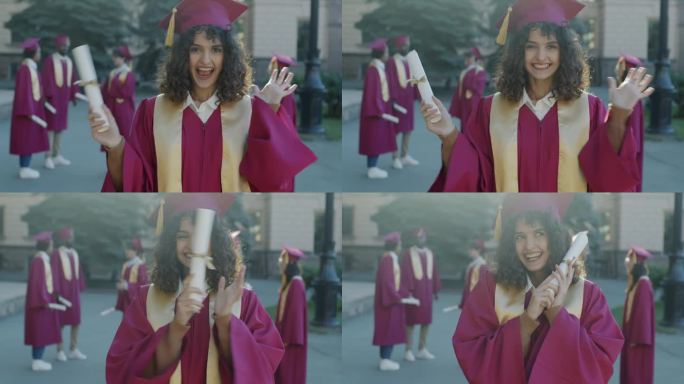 校园里，一个快乐的年轻女子拿着毕业证书，微笑着尖叫着表达幸福的慢动作肖像