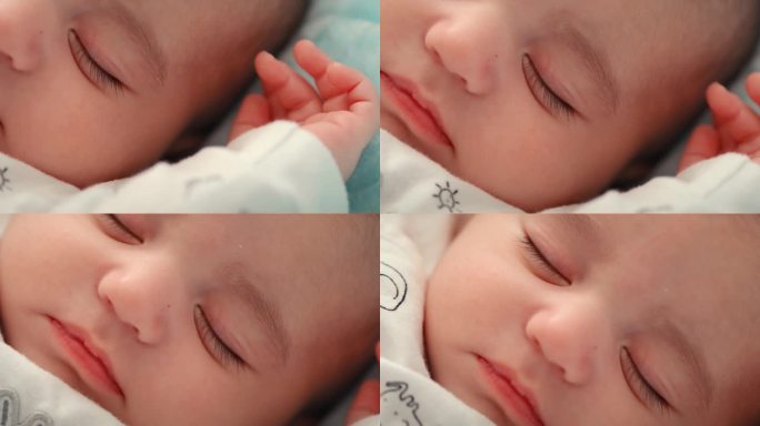 脸，睡眠和婴儿在床上的特写为梦，天真和梦想。平静，午睡和青年与新生婴儿休息在床上的家庭家庭的小，可爱