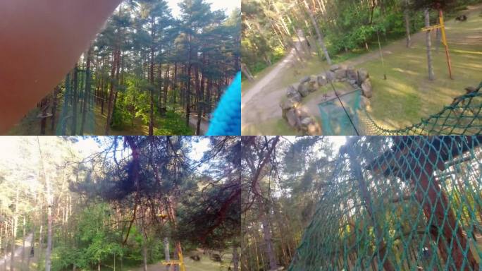 运动员用安全绳在冒险公园的安全网上跳跃，爬网在树林里的树台上练习。冒险公园在立陶宛的极限运动