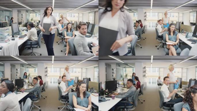 性感的新女人走进办公室感兴趣的男人和讨厌的女人看着慢动作走POV拍摄概念系列