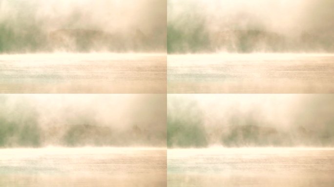 川口湖的晨雾光尘光芒湖面雾气