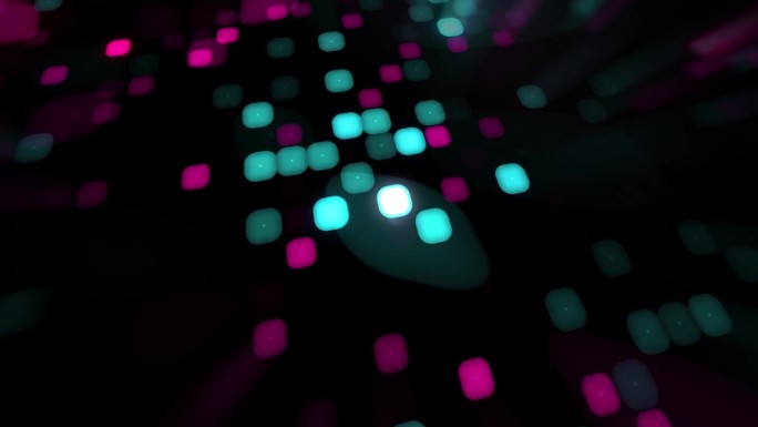4K抽象马赛克数字立方粒子束发光。绿松石和粉色像素流动立方体。光纤立方体与镜头模糊效果股票视频。