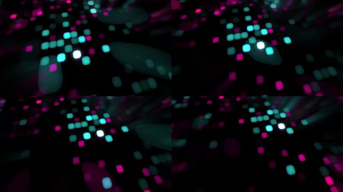 4K抽象马赛克数字立方粒子束发光。绿松石和粉色像素流动立方体。光纤立方体与镜头模糊效果股票视频。
