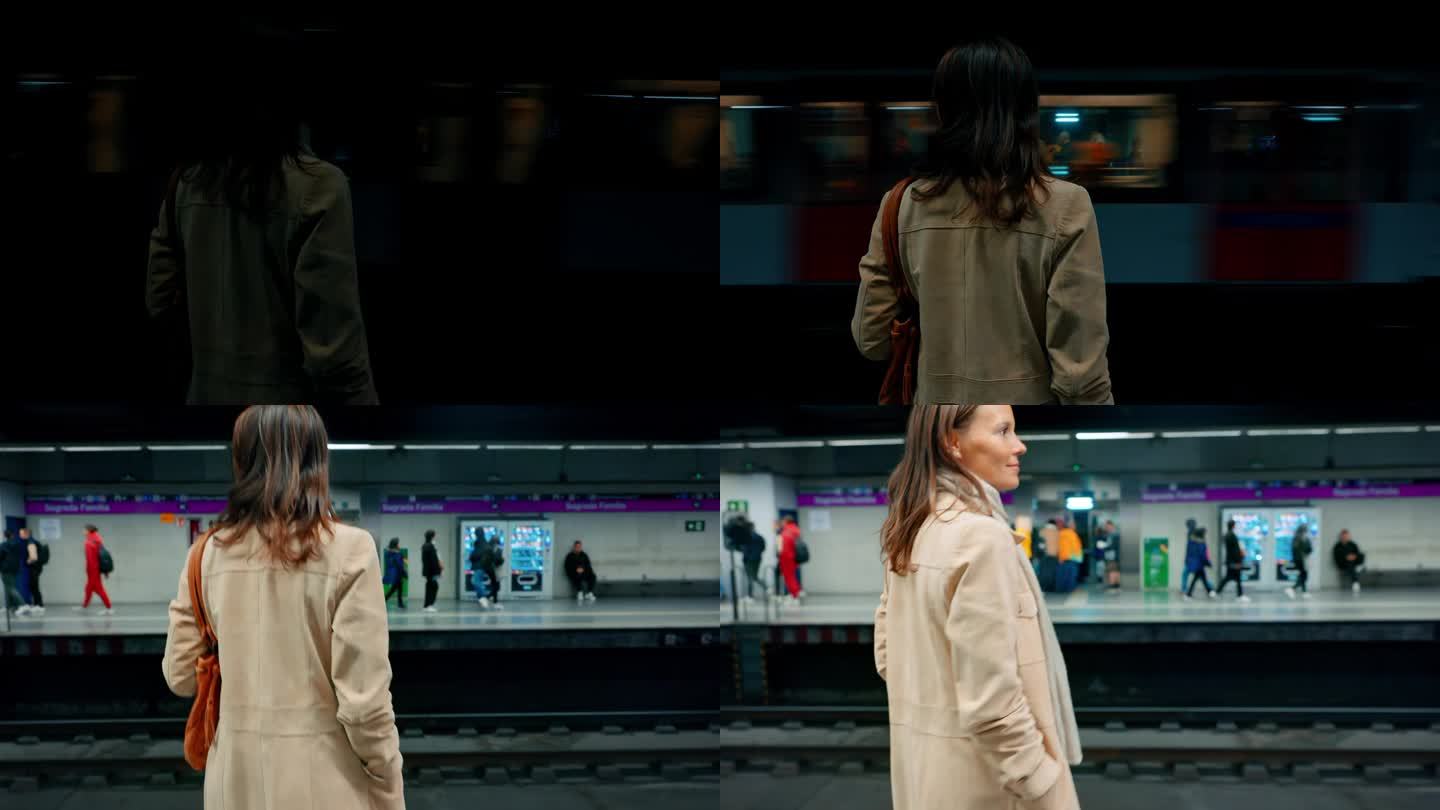 一名妇女在地铁站台上等火车