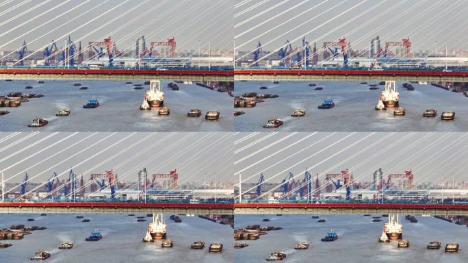上海杨浦大桥长焦航拍斜拉索结构轮船车流