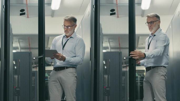工程师，平板电脑与一个人在服务器机房进行软件数据库的更新或维护。数据中心网络安全编码员，云计算和程序