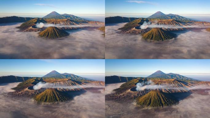 4K超延时鸟瞰图飞向云海之上的Bromo火山，爪哇，印度尼西亚