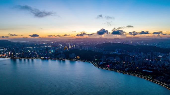 4k珠海香洲湾滨海城市情侣路夜景航拍延时