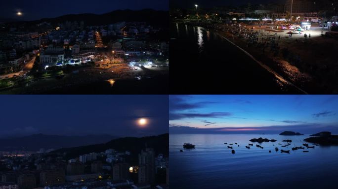 夜晚围观在海边的群众和城市建筑