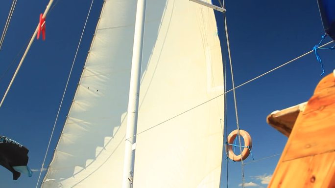 蓝色之旅，土耳其的Gocek邮轮。在深蓝色的天空下，从船帆向下倾斜到游船的上层甲板